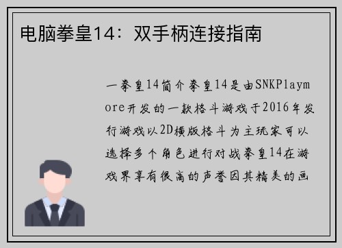 电脑拳皇14：双手柄连接指南